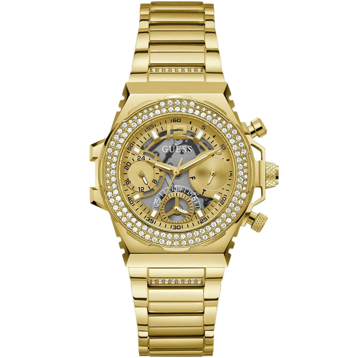Guess Fusion champagne round dial multifunction women watch with gold crystals and stainless steel strap