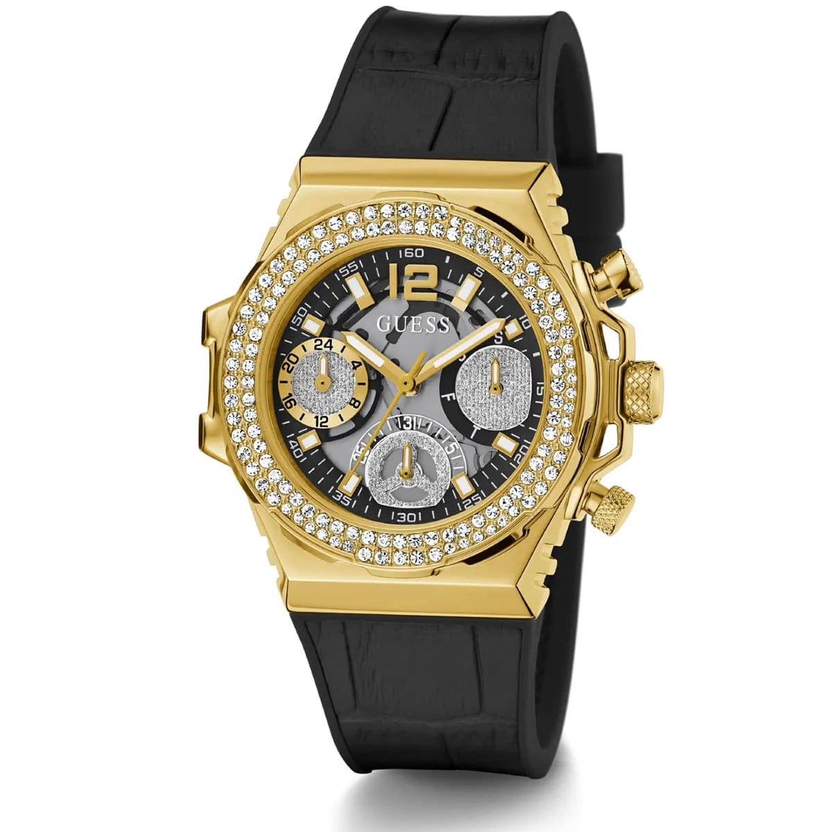 Guess gold chronograph watch with crystal-set bezel and black silicon strap angled view