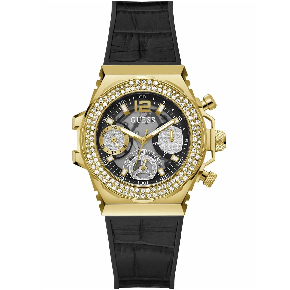 Guess GW0553L4 gold watch with black dial, crystal bezel, and black silicon strap
