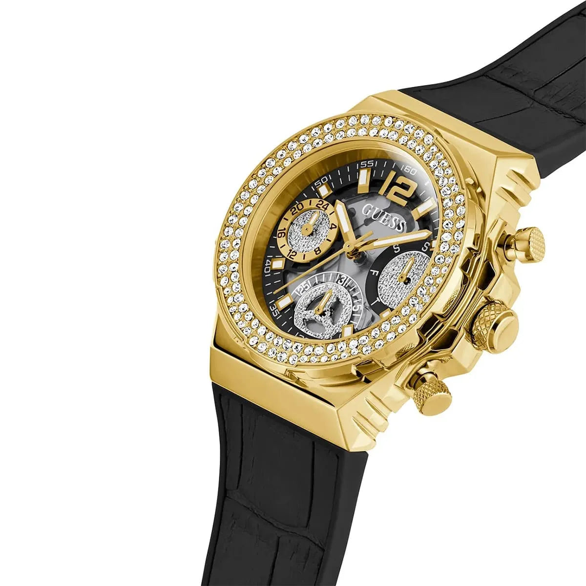 Guess GW0553L4 gold watch side profile showing case, crystal bezel, and black strap