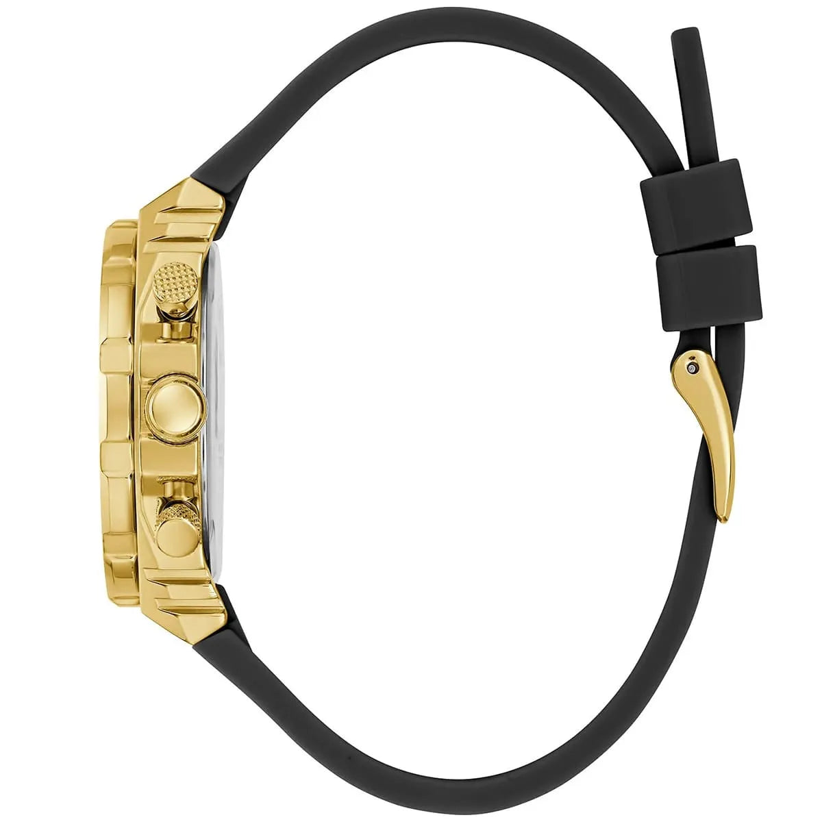 Guess gold watch with black silicon strap and gold buckle, full strap view