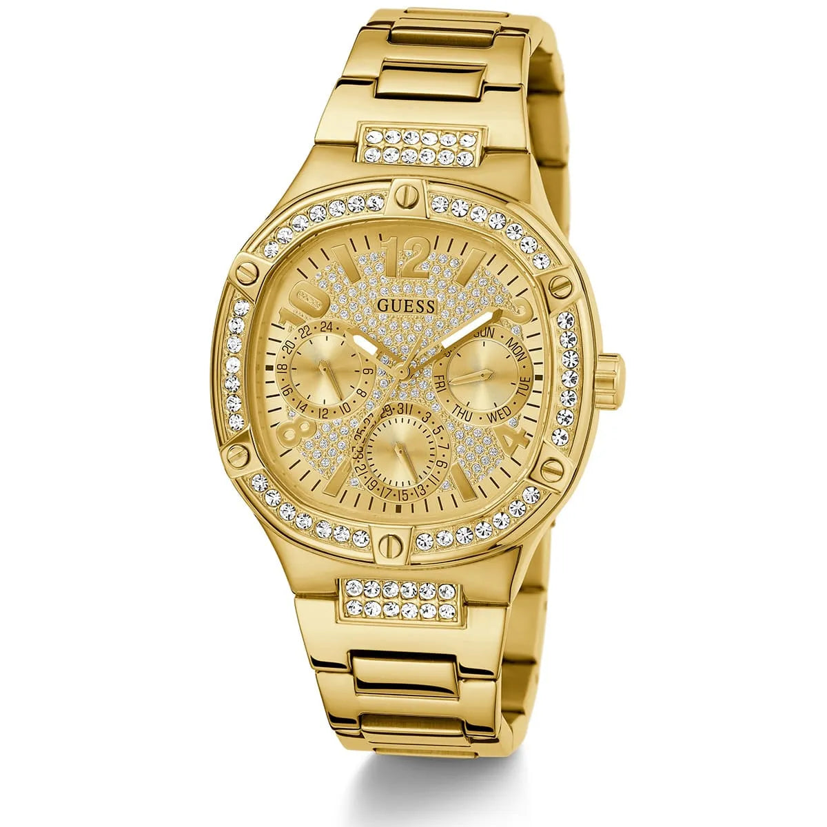 GUESS GW0558L2 gold watch with crystal-set bezel and metal bracelet at angle