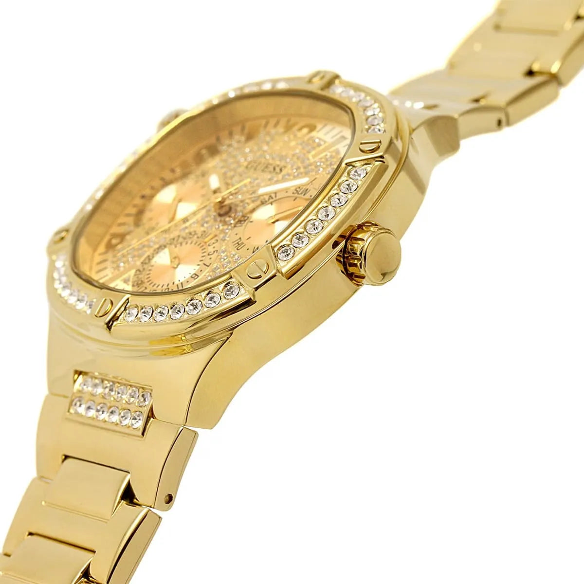 Close-up of GUESS GW0558L2 gold dial with subdials and crystal bezel details