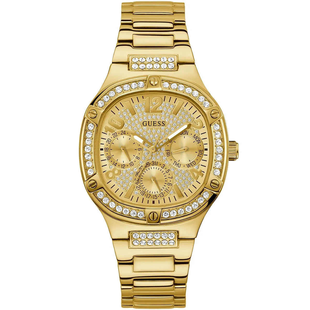 GUESS GW0558L2 40mm gold ladies watch with crystal bezel and multi-subdial dial