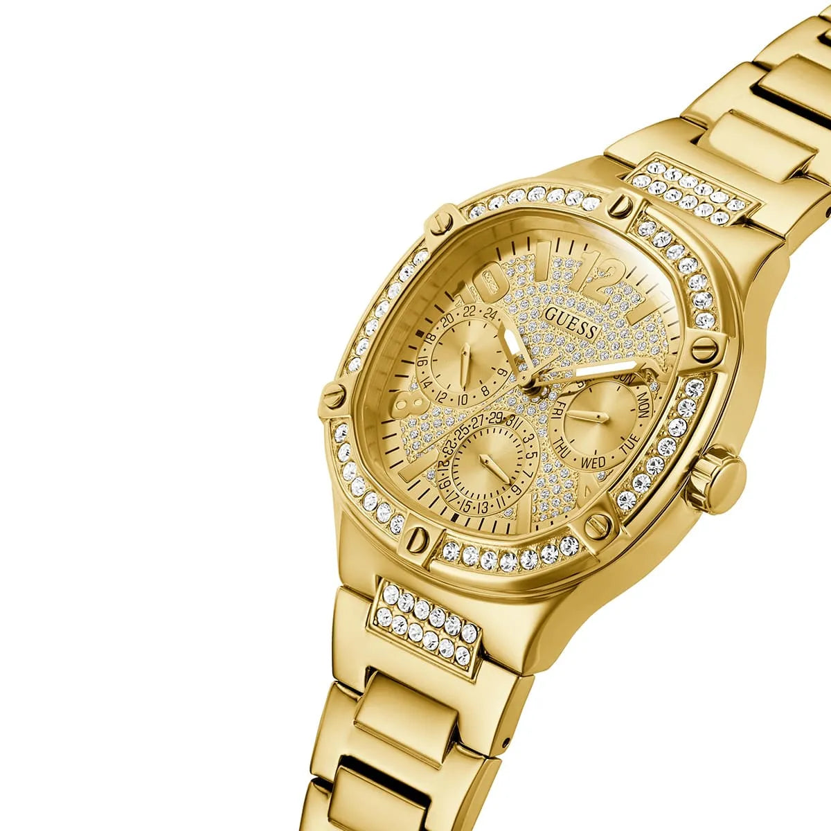 GUESS GW0558L2 gold watch worn on wrist with crystal-set bezel and bracelet