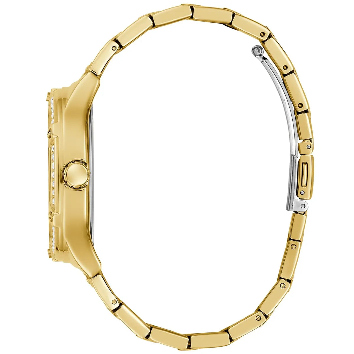 Side profile of GUESS GW0558L2 gold ladies watch showing case thickness