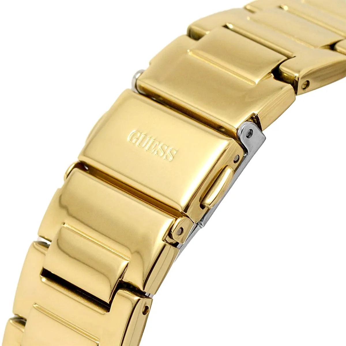 GUESS GW0558L2 gold link bracelet detail showing engraved logo and clasp
