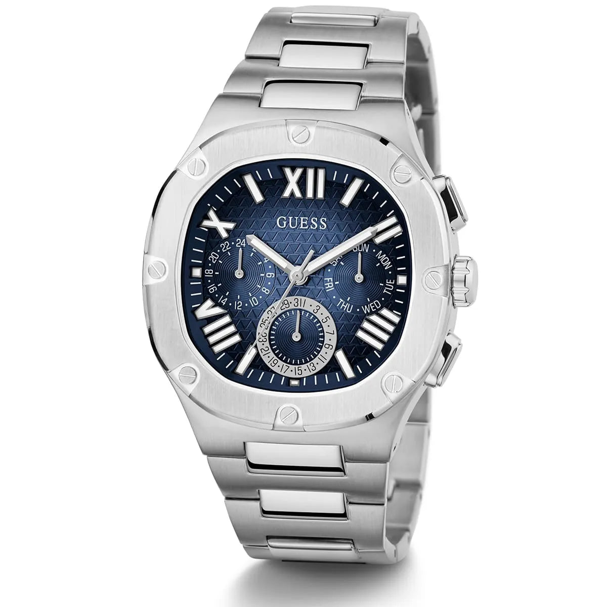 Guess Headliner watch three-quarter angle showing blue dial and silver metal bracelet