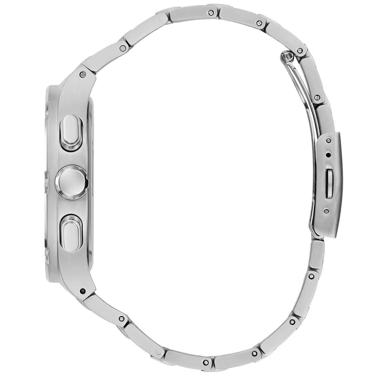 Guess Headliner watch showing case back and silver metal band
