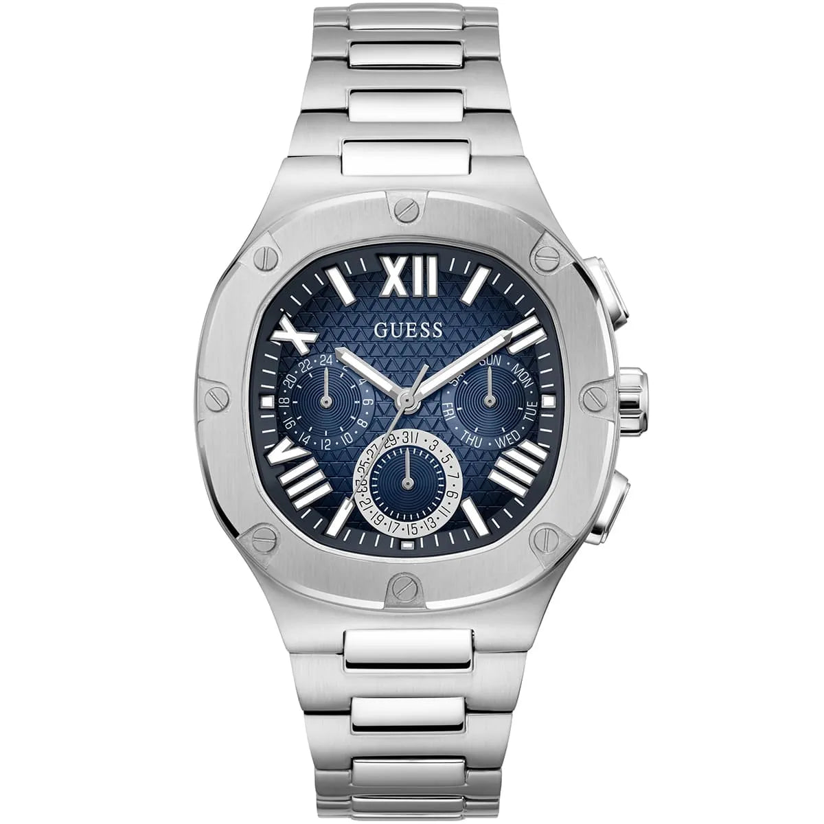 Guess Headliner watch front view with blue dial and silver stainless steel strap