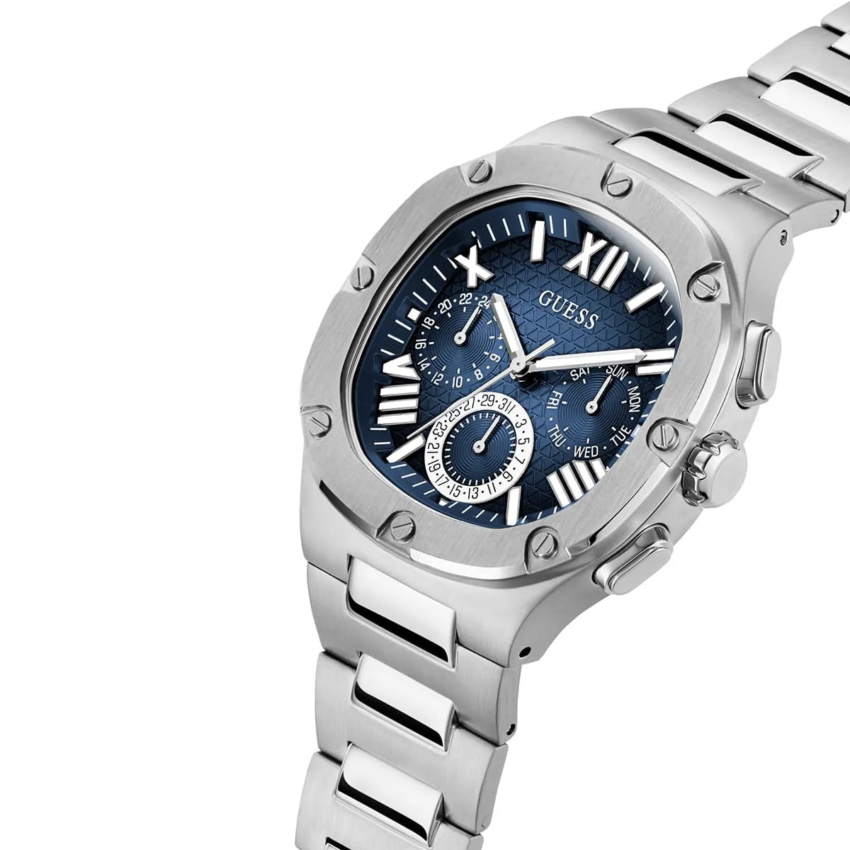 Guess Headliner watch side view displaying dial and silver stainless steel bracelet