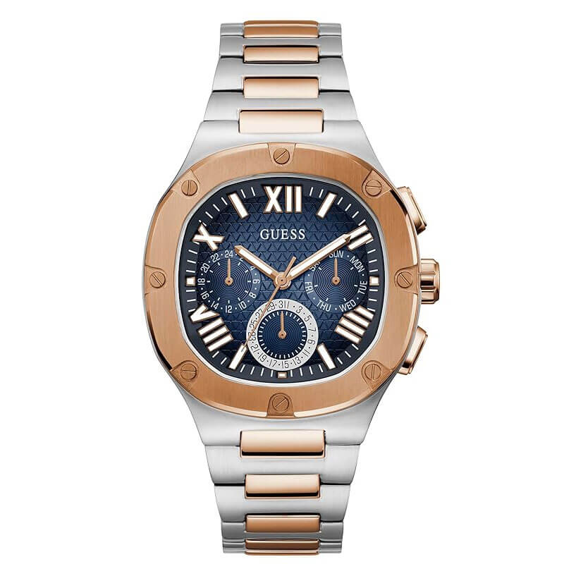 Guess Headliner men's watch with blue dial, rose gold bezel, and two-tone steel strap