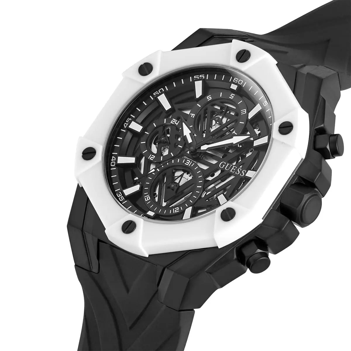 Guess GW0579G1 watch at angle showing skeleton dial, white case bezel, and black rubber strap