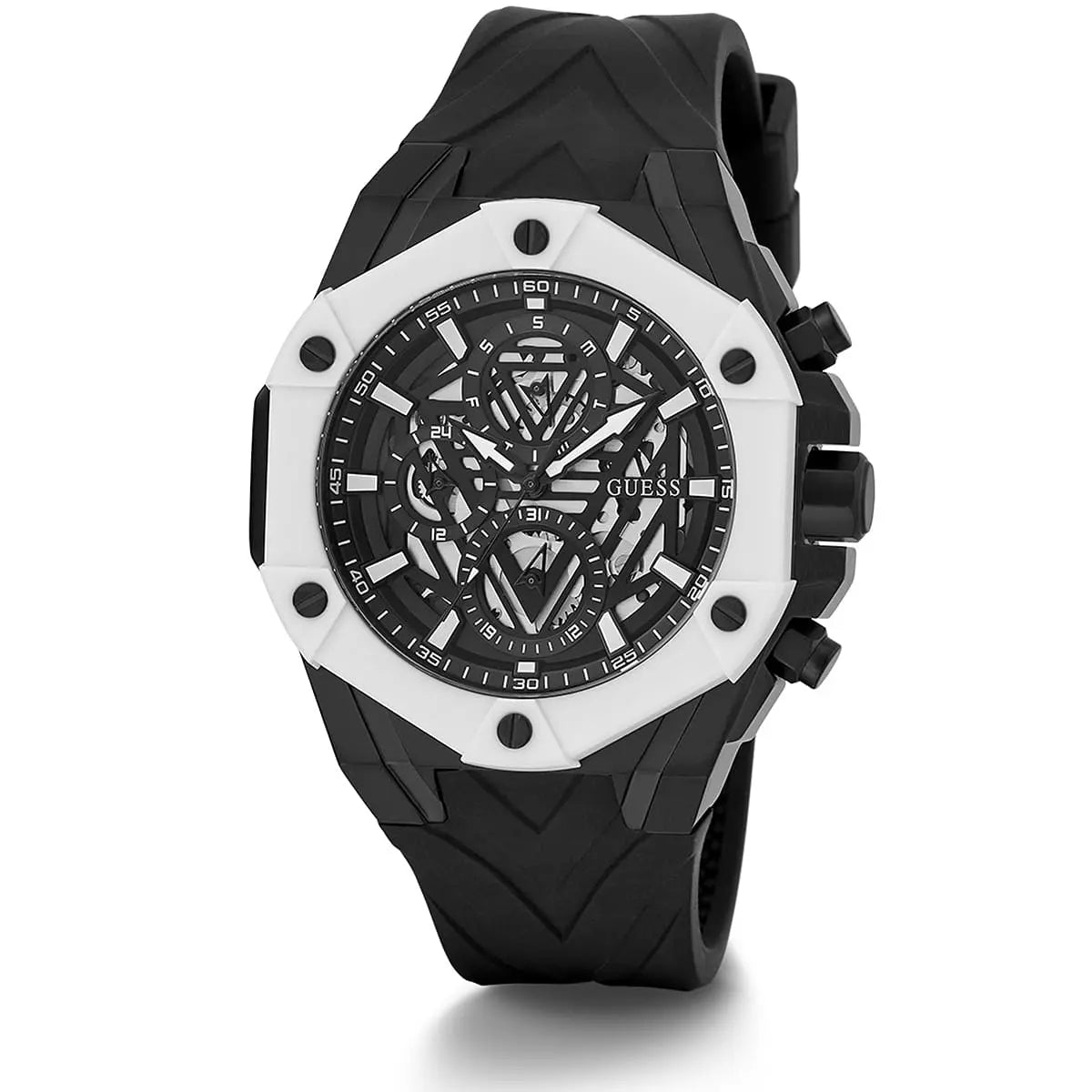 Front view of Guess GW0579G1 men's watch with skeleton black dial and silicone strap