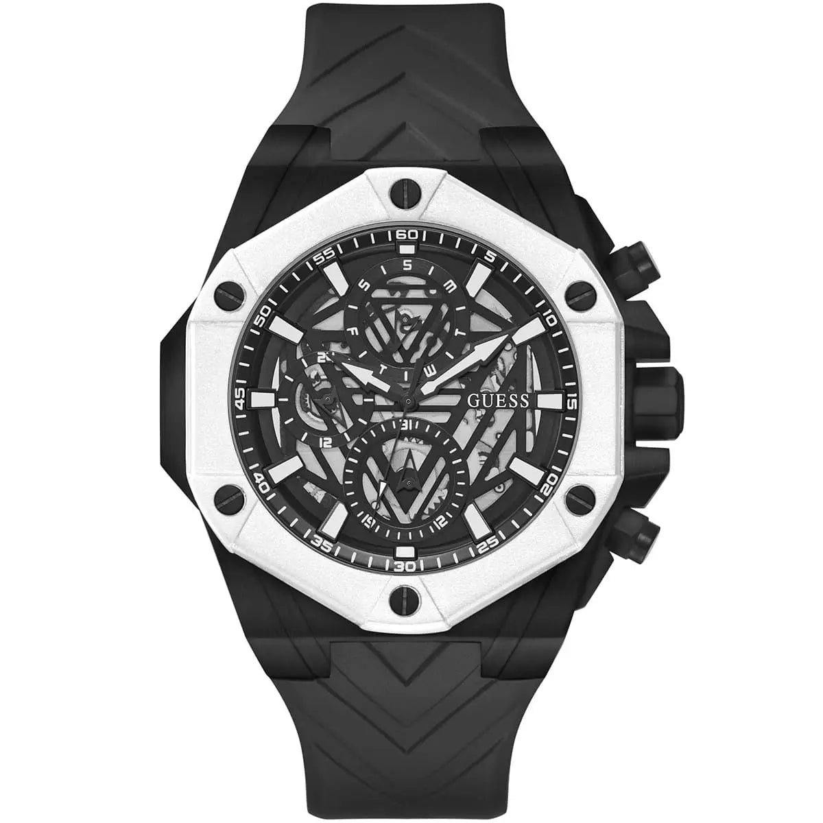 Guess GW0579G1 44mm black dial skeleton watch with white bezel and black silicone strap