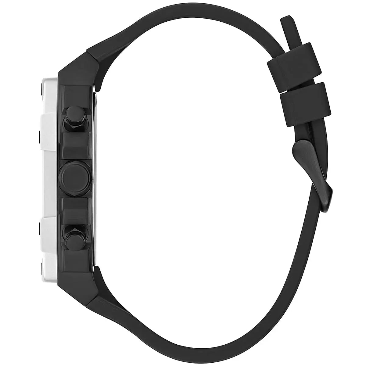 Side view of Guess GW0579G1 watch showing black silicone strap with buckle closure