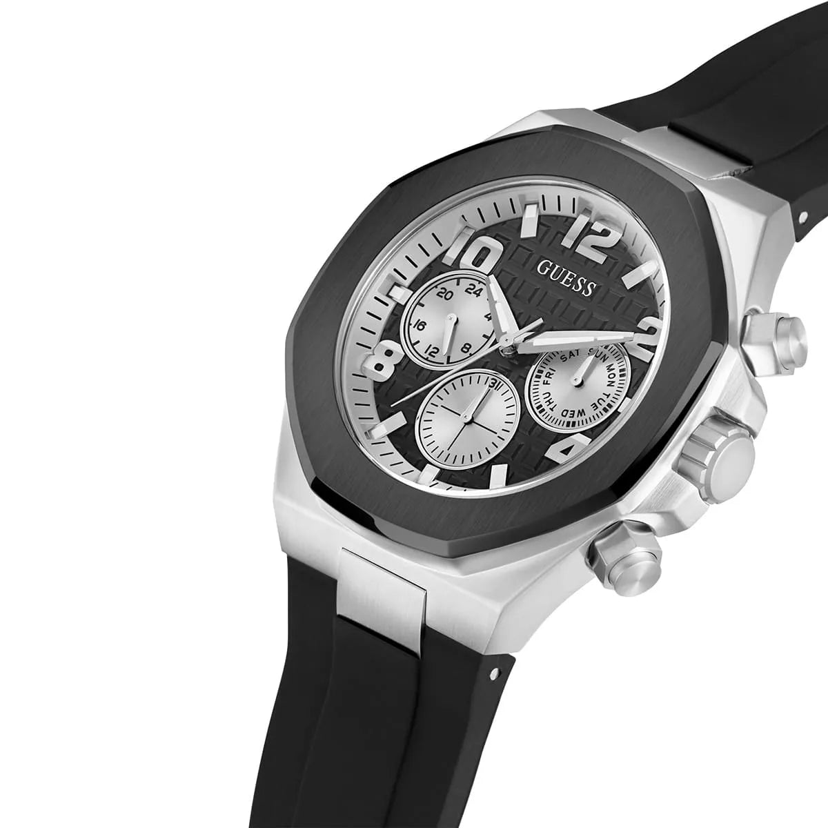Guess GW0583G1 chronograph watch angled side view showing dial and strap