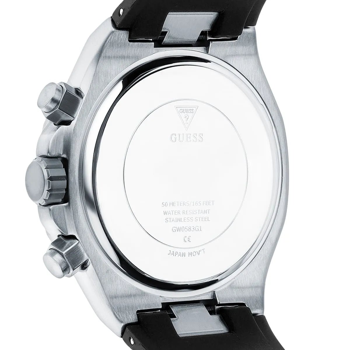 Guess GW0583G1 watch caseback showing water resistance and stainless steel marking