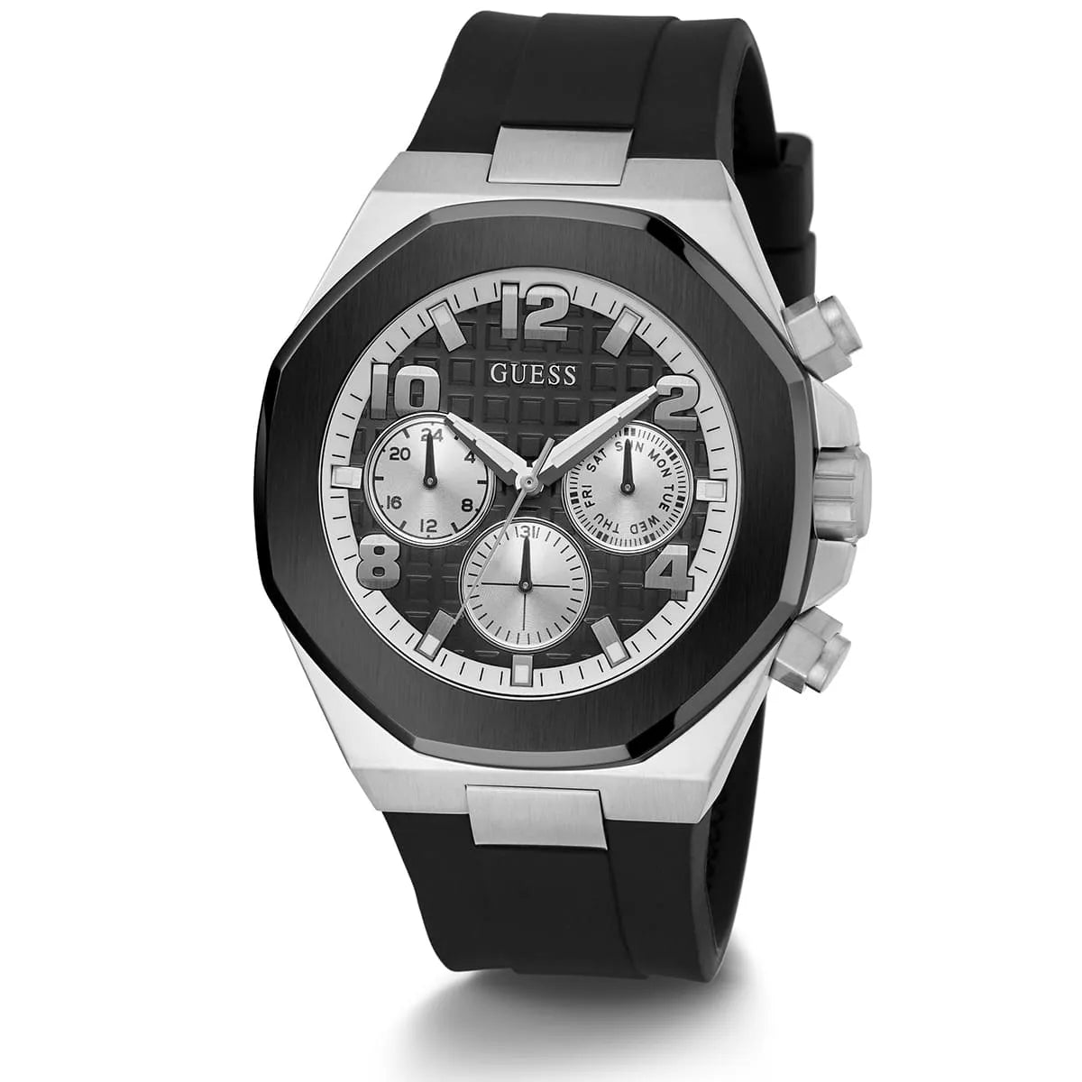 Guess GW0583G1 chronograph watch with three subdials and black rubber strap
