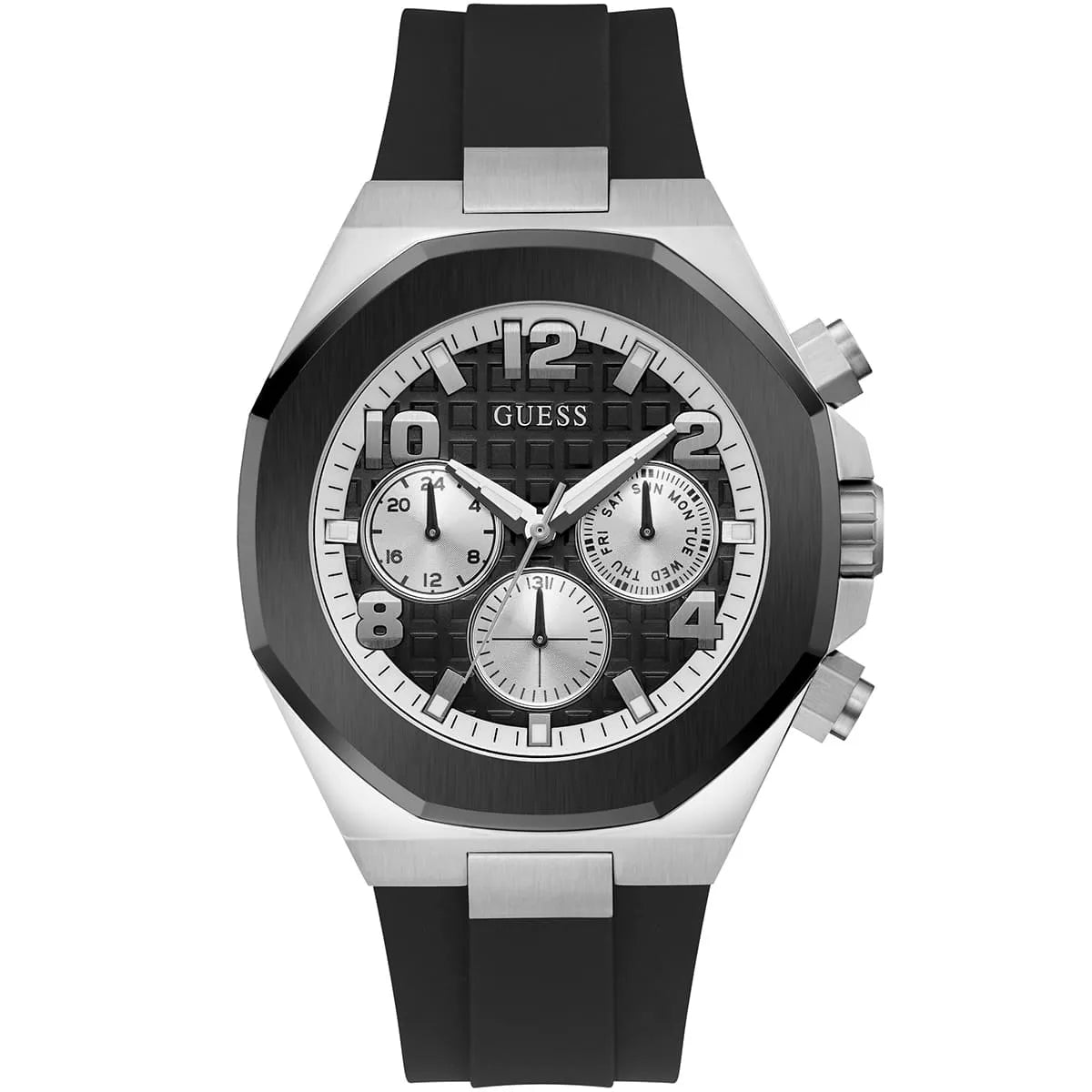 Guess GW0583G1 men's chronograph watch with black dial and silver case front view