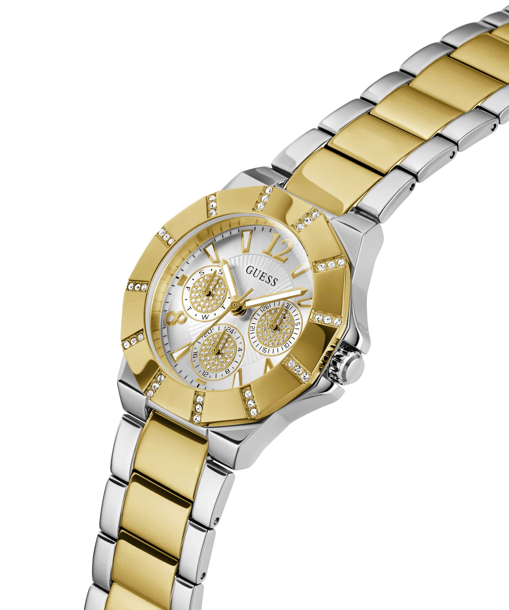 Guess GW0616L2 two-tone gold and silver watch worn on wrist showing side angle view