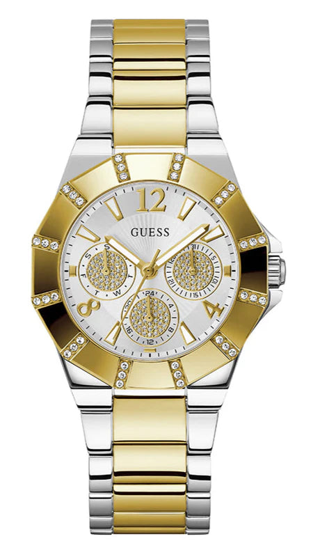 Guess gold and silver two-tone ladies watch with crystal bezel and white chronograph dial