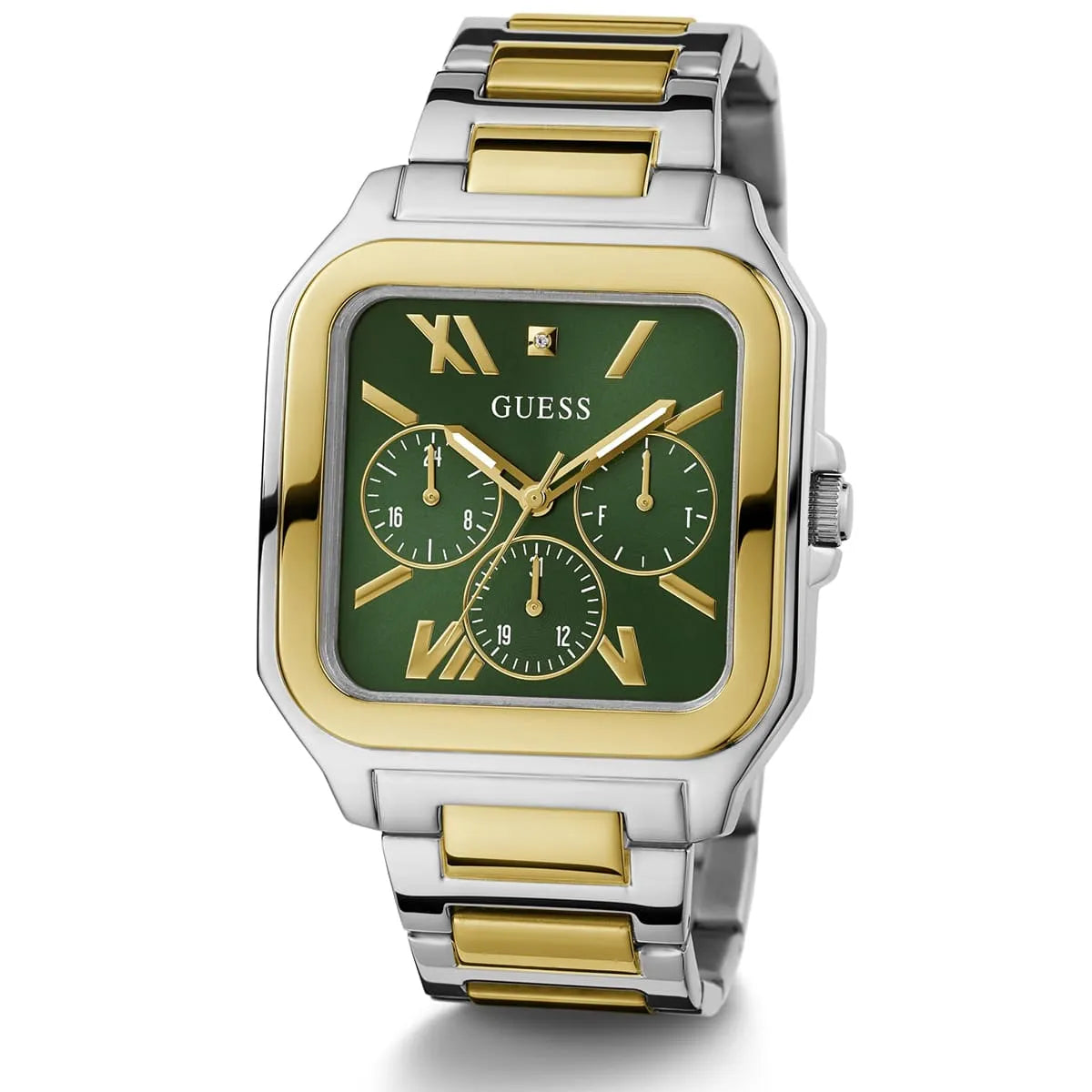 GUESS GW0631G1 square watch with silver and gold metal strap and green dial with chronograph functions