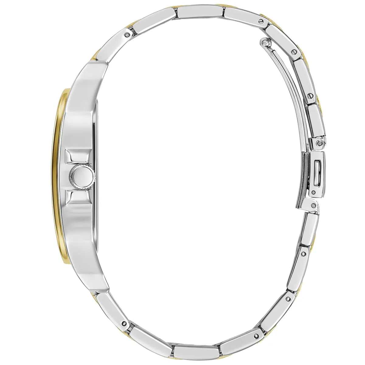 GUESS GW0631G1 watch caseback showing silver stainless steel case and gold bezel detail