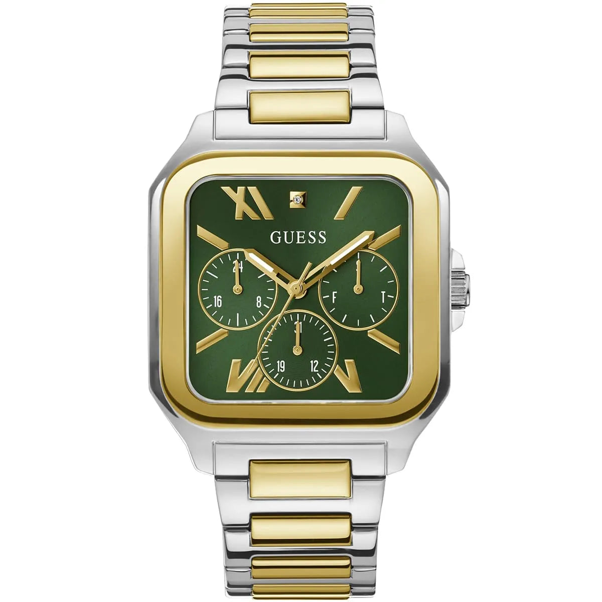 GUESS GW0631G1 multi-tone square watch with green dial, gold Roman numerals, and chronograph subdials