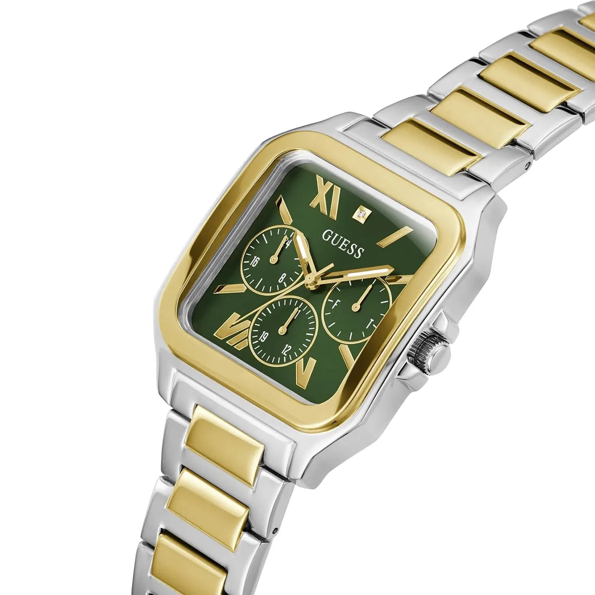Side view of GUESS GW0631G1 square watch showing silver and gold two-tone metal bracelet