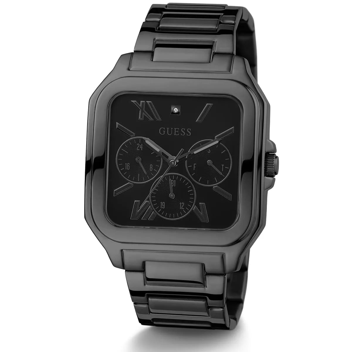 Guess GW0631G2 watch angled view showing square case and black dial with multiple subdials