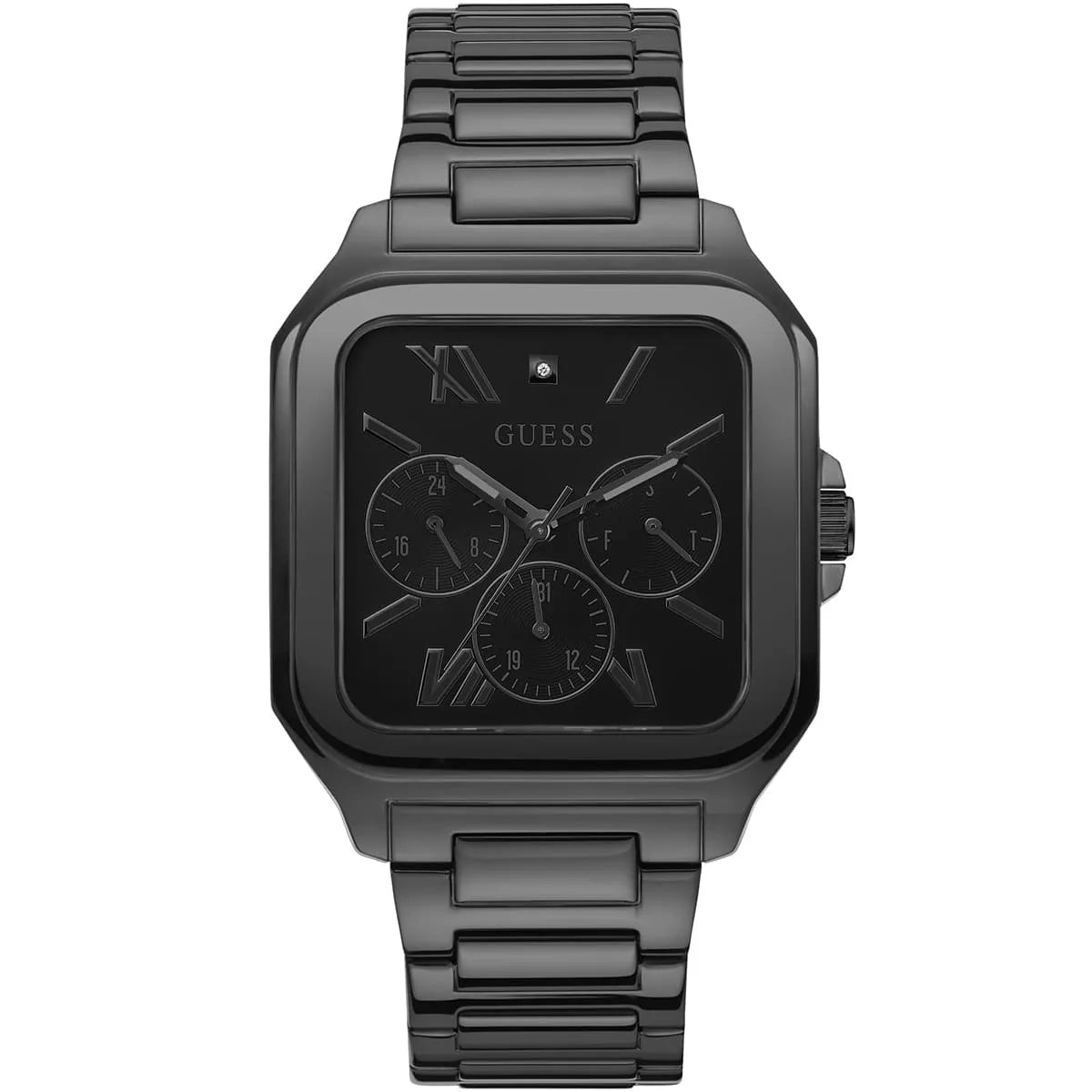 Guess GW0631G2 black square dial watch with chronograph subdials and stainless steel band