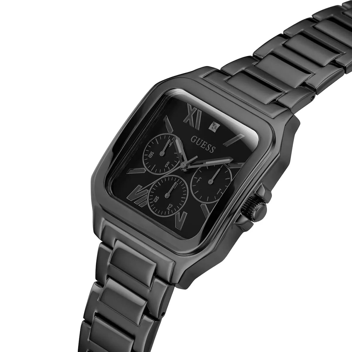 Guess GW0631G2 watch side profile with stainless steel bracelet and square case silhouette