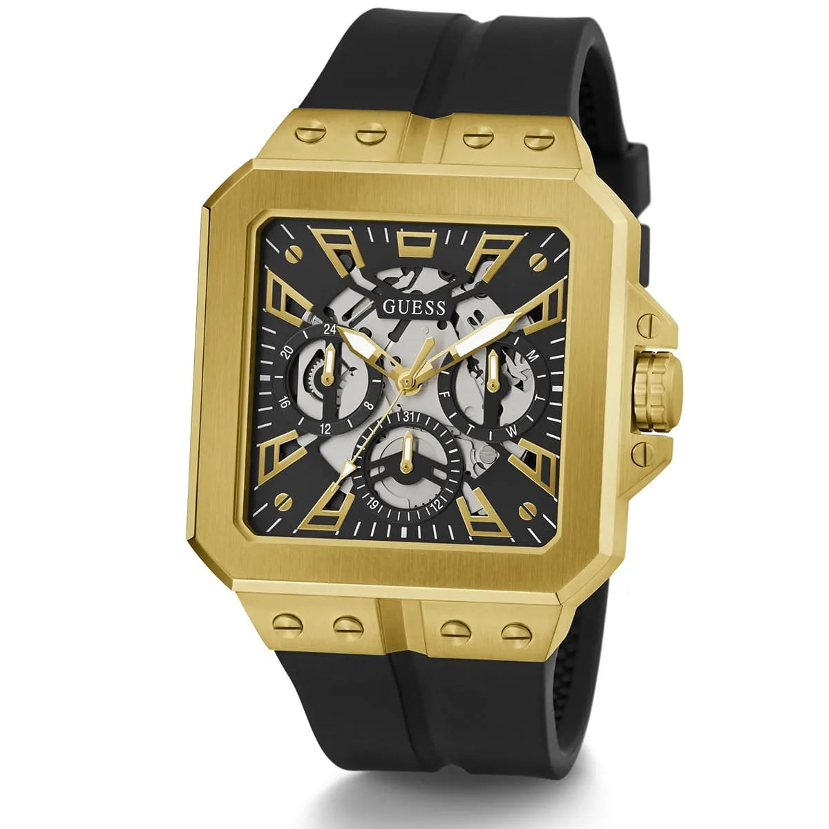 GUESS GW0637G2 angled view of gold tone square case with black dial and black rubber strap