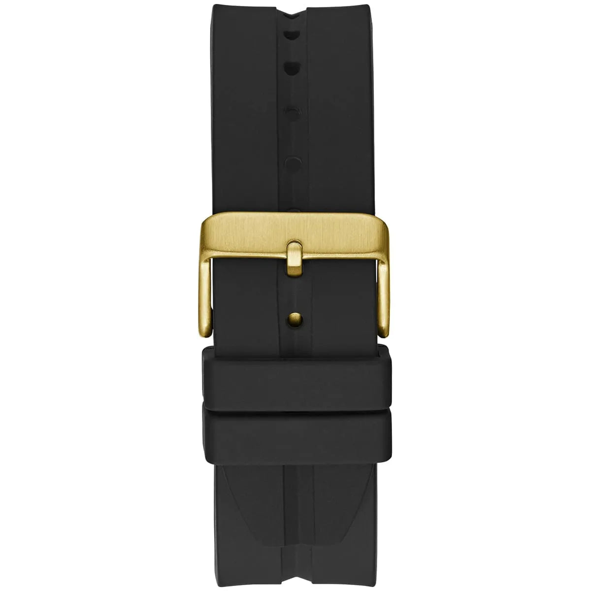 GUESS GW0637G2 gold tone case back view with black rubber strap fastened