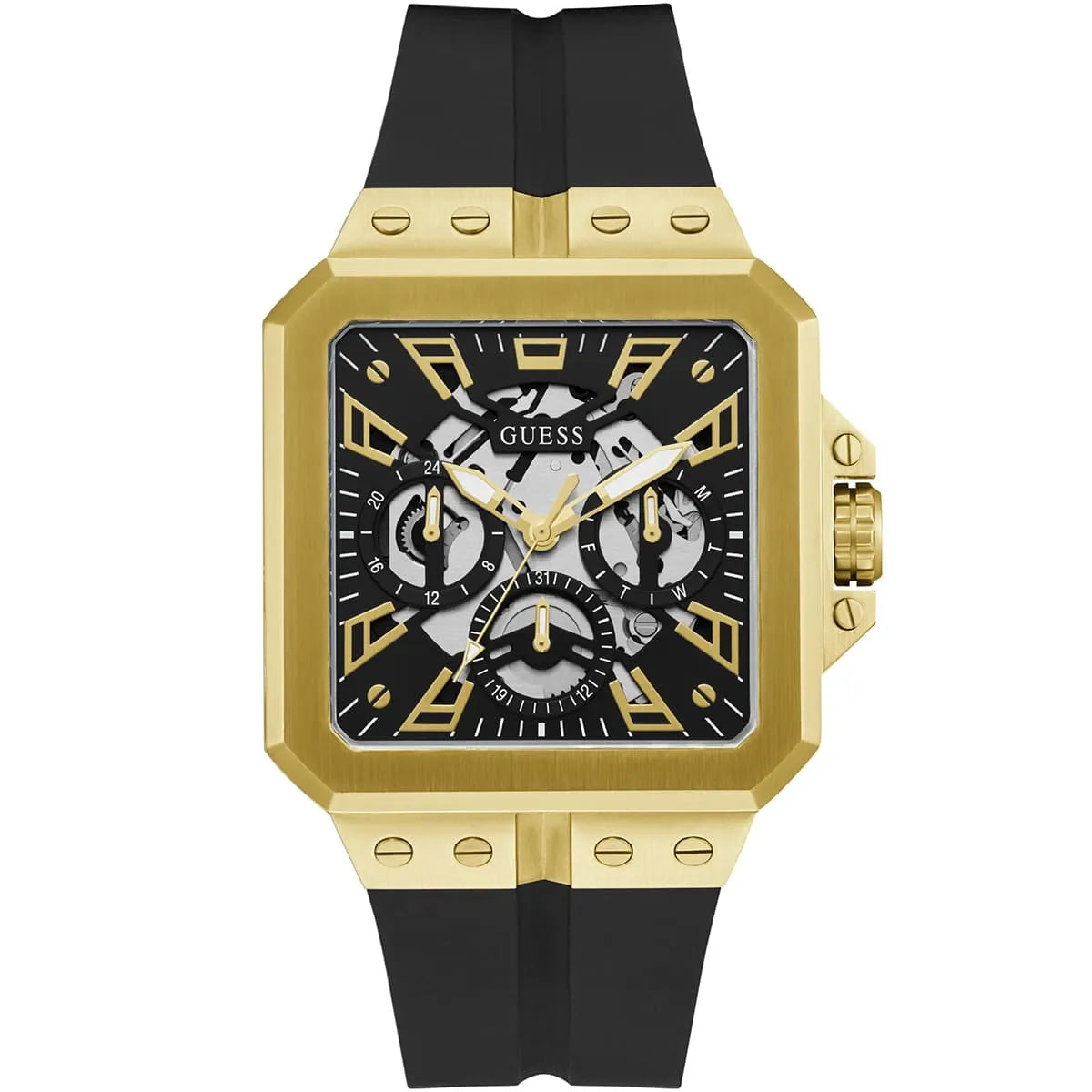 GUESS GW0637G2 black dial gold tone square watch with multi-function chronograph and black rubber strap
