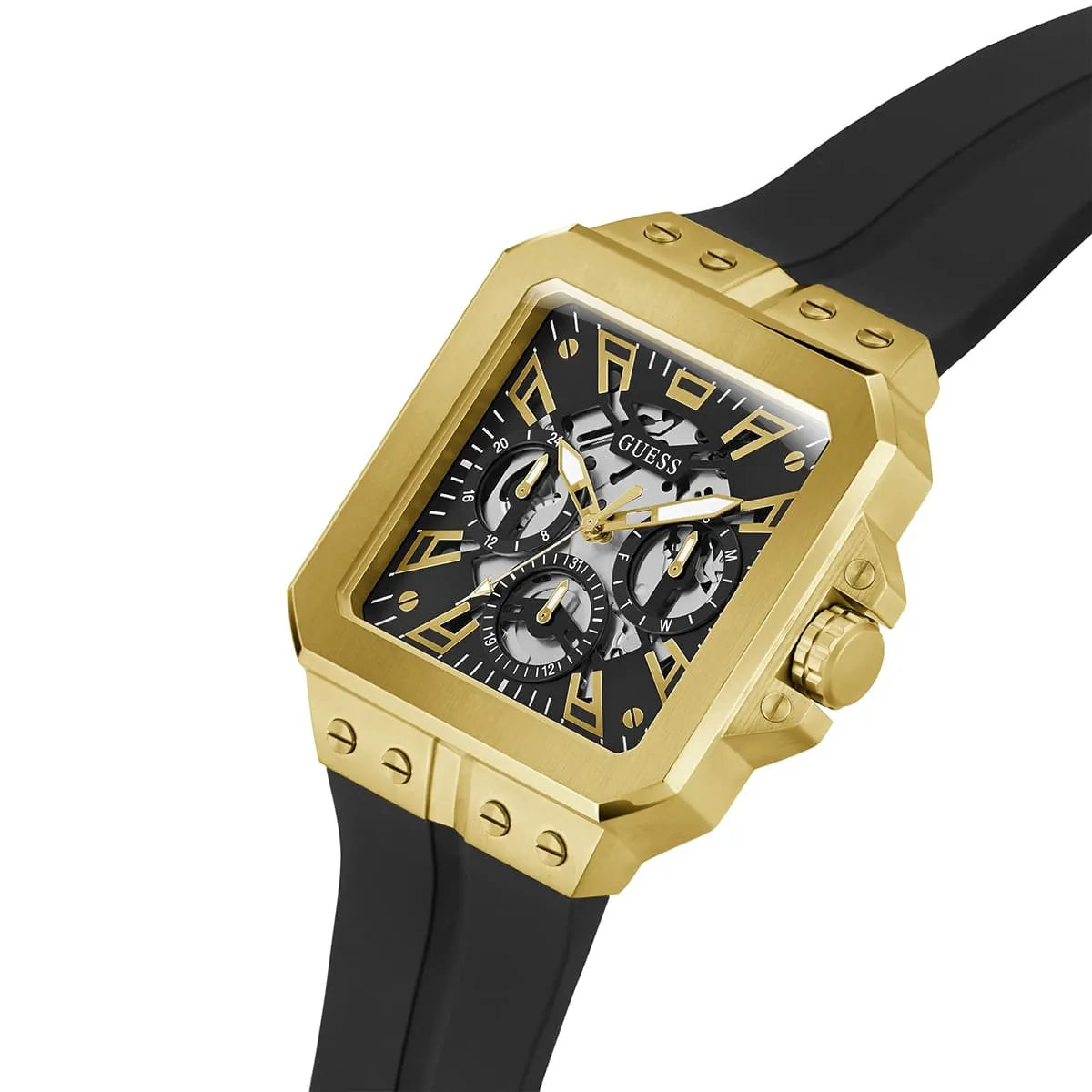 GUESS GW0637G2 side view showing gold tone case, multi-function dial, and black rubber strap