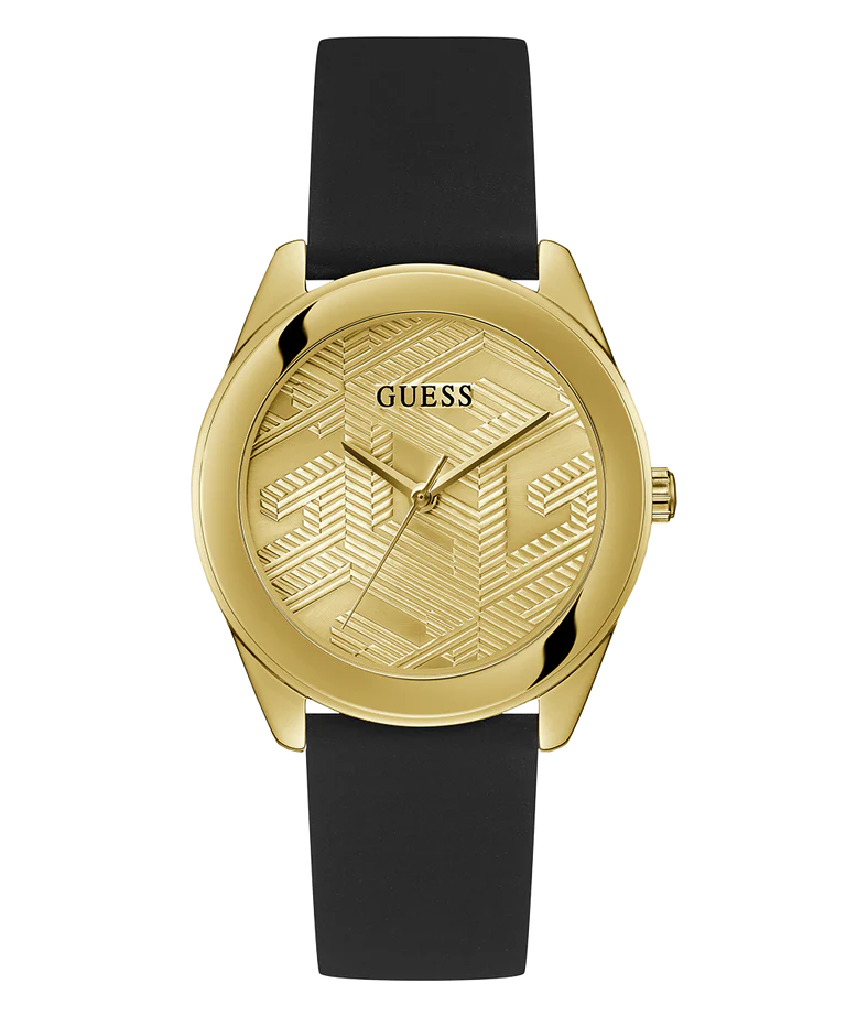 Guess Cubed GW0665L1 champagne dial round watch with gold-tone case and black strap