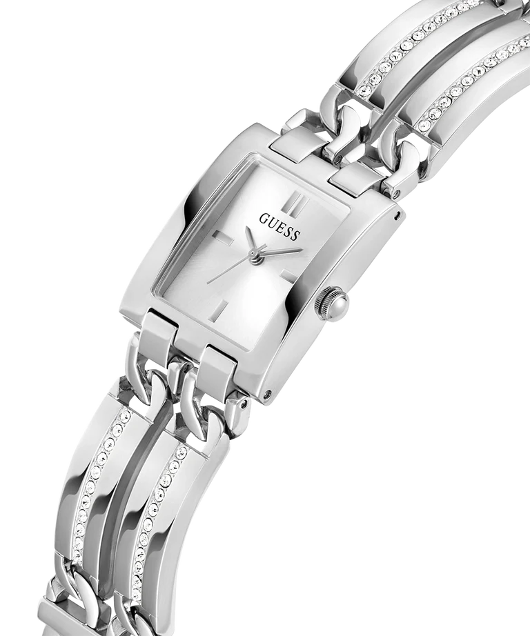 GUESS GW0668L1 angled view showing square case and textured bracelet links