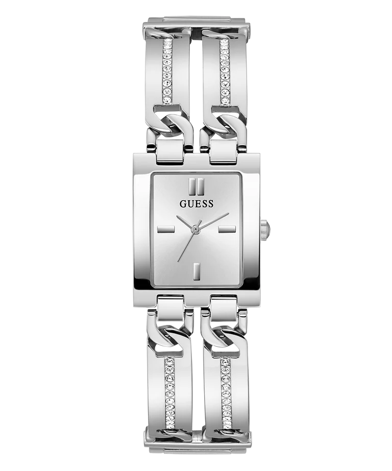 GUESS silver tone square analog ladies watch with crystal-adorned bracelet strap