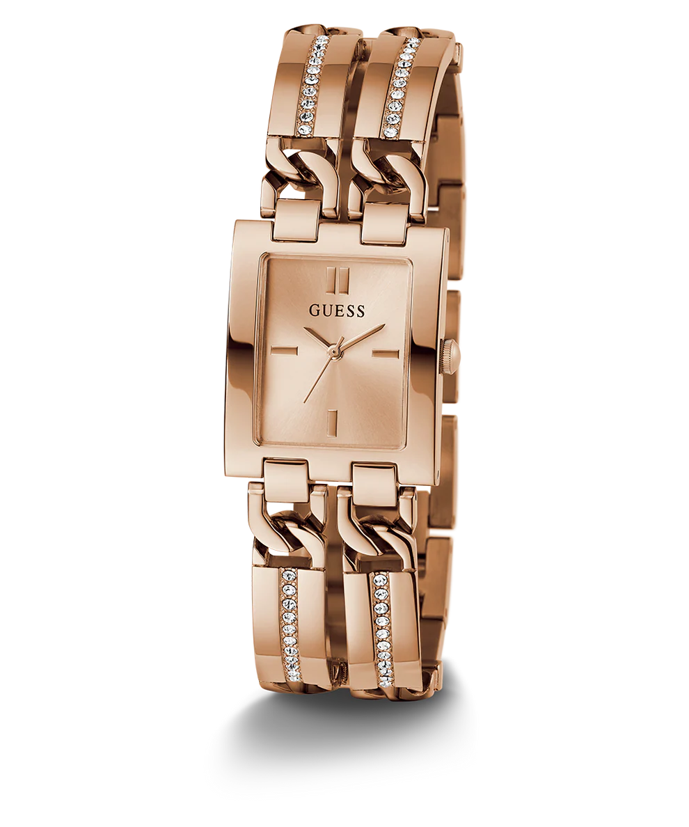 GUESS rose gold ladies watch at three-quarter angle showing square face and decorative bracelet