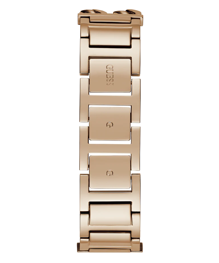 GUESS rose gold ladies watch caseback showing bracelet links and engraved details