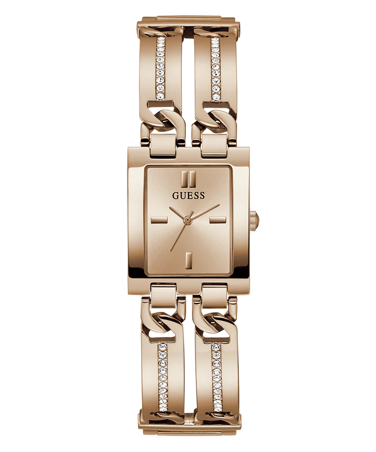 GUESS rose gold tone square analog ladies watch with crystal-embellished bracelet