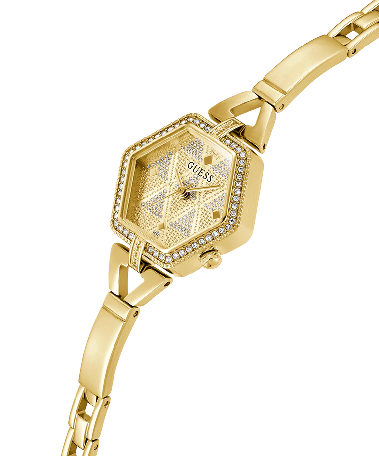 Angled view of GUESS gold watch showing diamond-accented bezel and bracelet