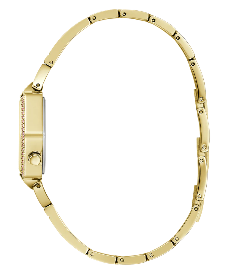 Gold tone link bracelet of GUESS watch showing screw details and connections