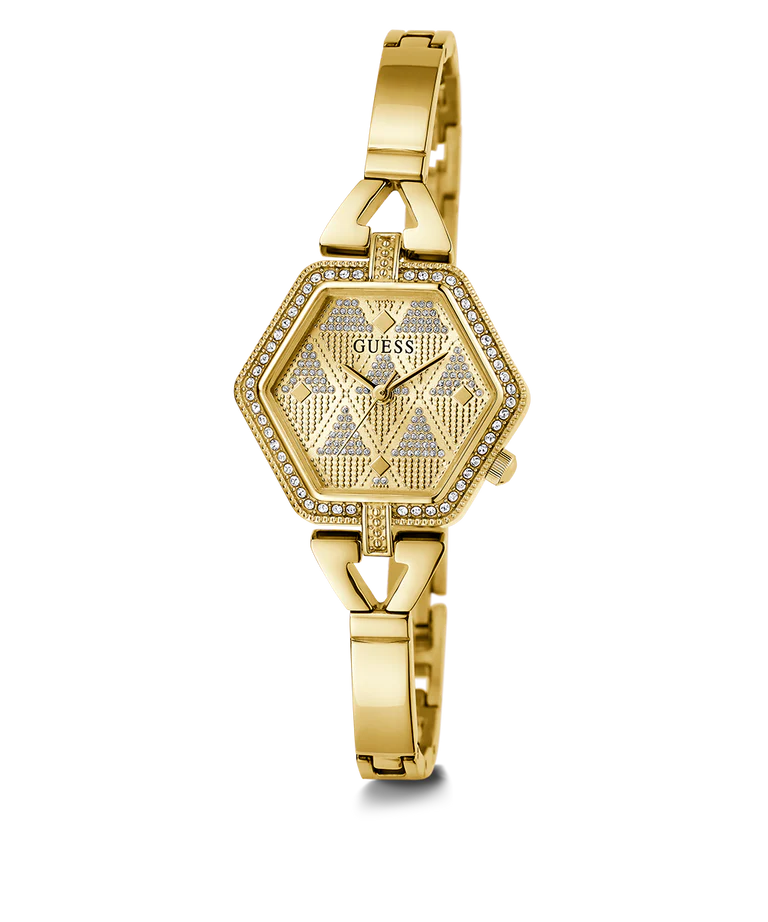 GUESS gold tone hexagonal analog watch with crystal case and diamond bezel