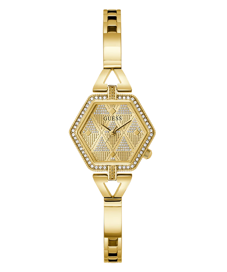 Full view GUESS gold tone ladies watch with crystal case and gold bracelet