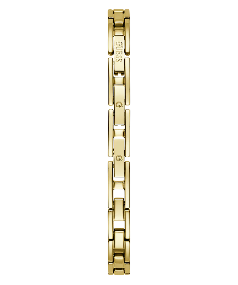 Vertical view of GUESS gold link bracelet showing all links and connections