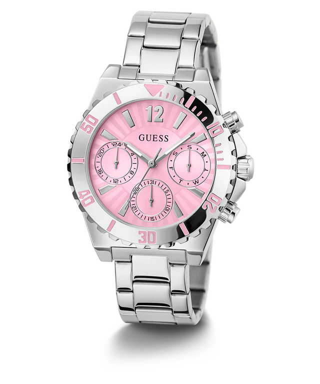 GUESS GW0696L1 angled view showing pink dial with three subdials and silver metal bracelet