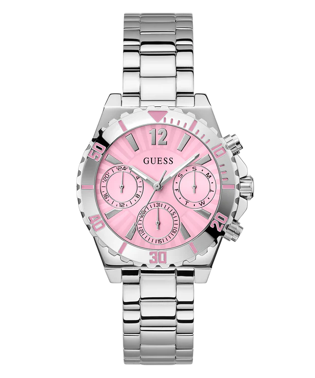 GUESS GW0696L1 silver tone ladies watch with pink dial and multi-function chronograph